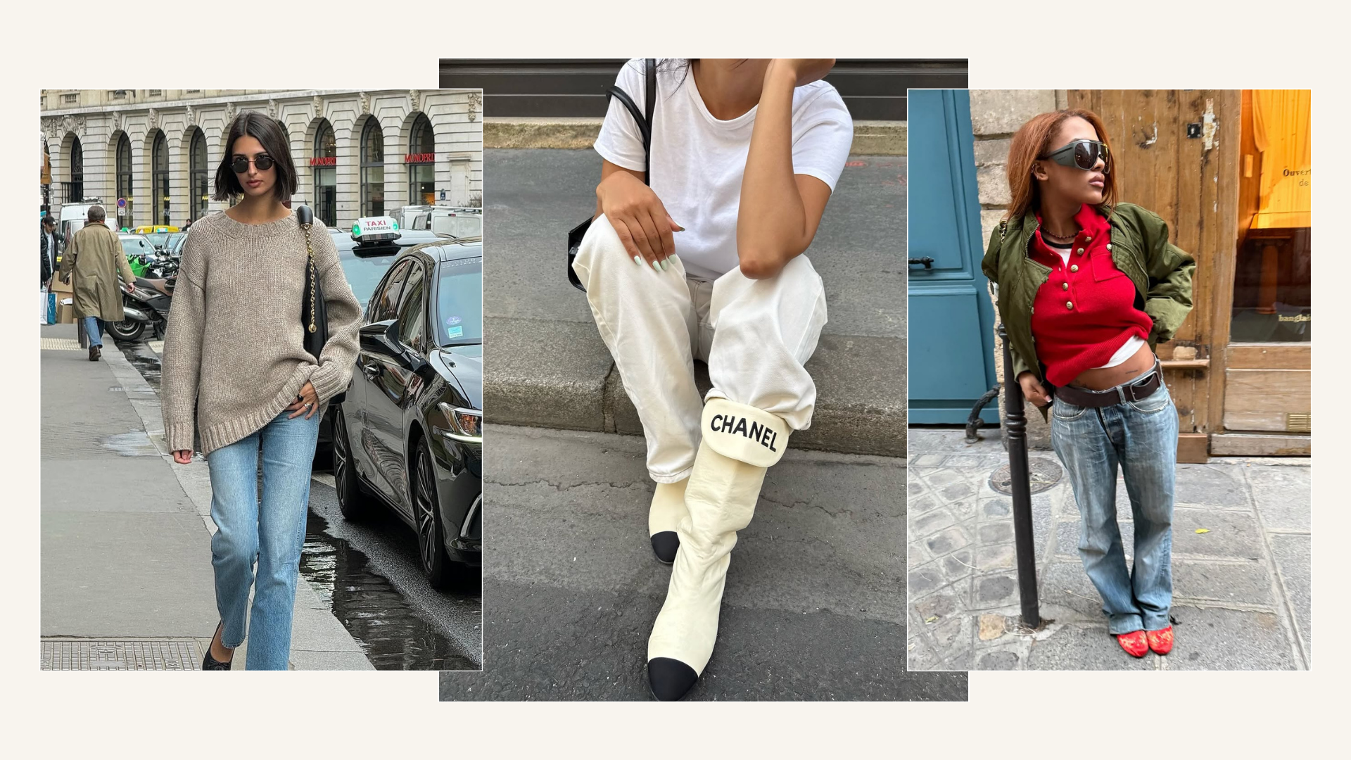 Jeans paired with oversized knits, boots and red accessories.