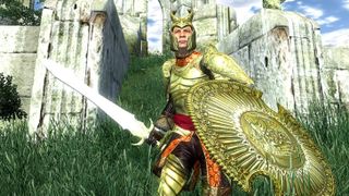 An Oblivion screenshot showing a sword-wielding man in Elven armour.