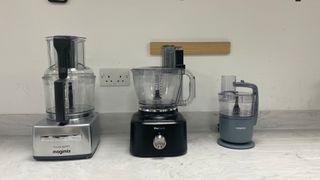 Kenwood MultiPro Go Food Processor next to the Kenwood Food Processor and the Magimix Food Processor