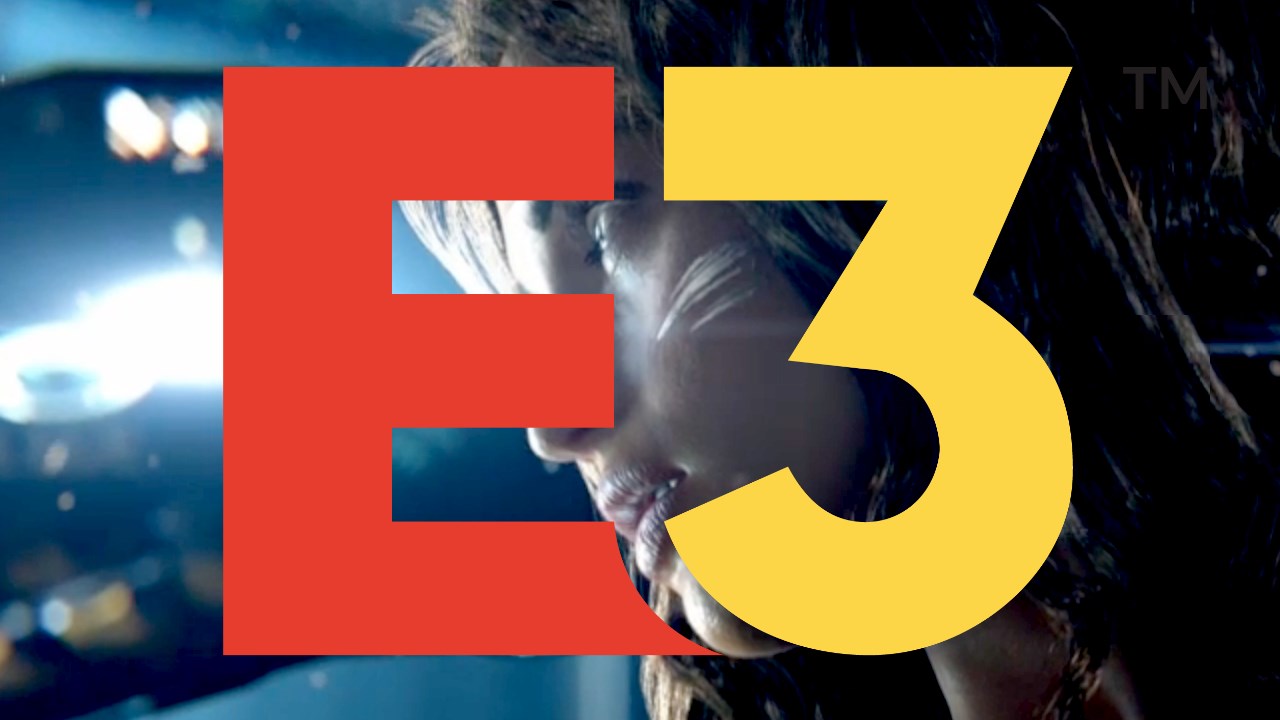 An illustration superimposing the E3 logo over the killer android's face from the Cyberpunk 2077 trailer.