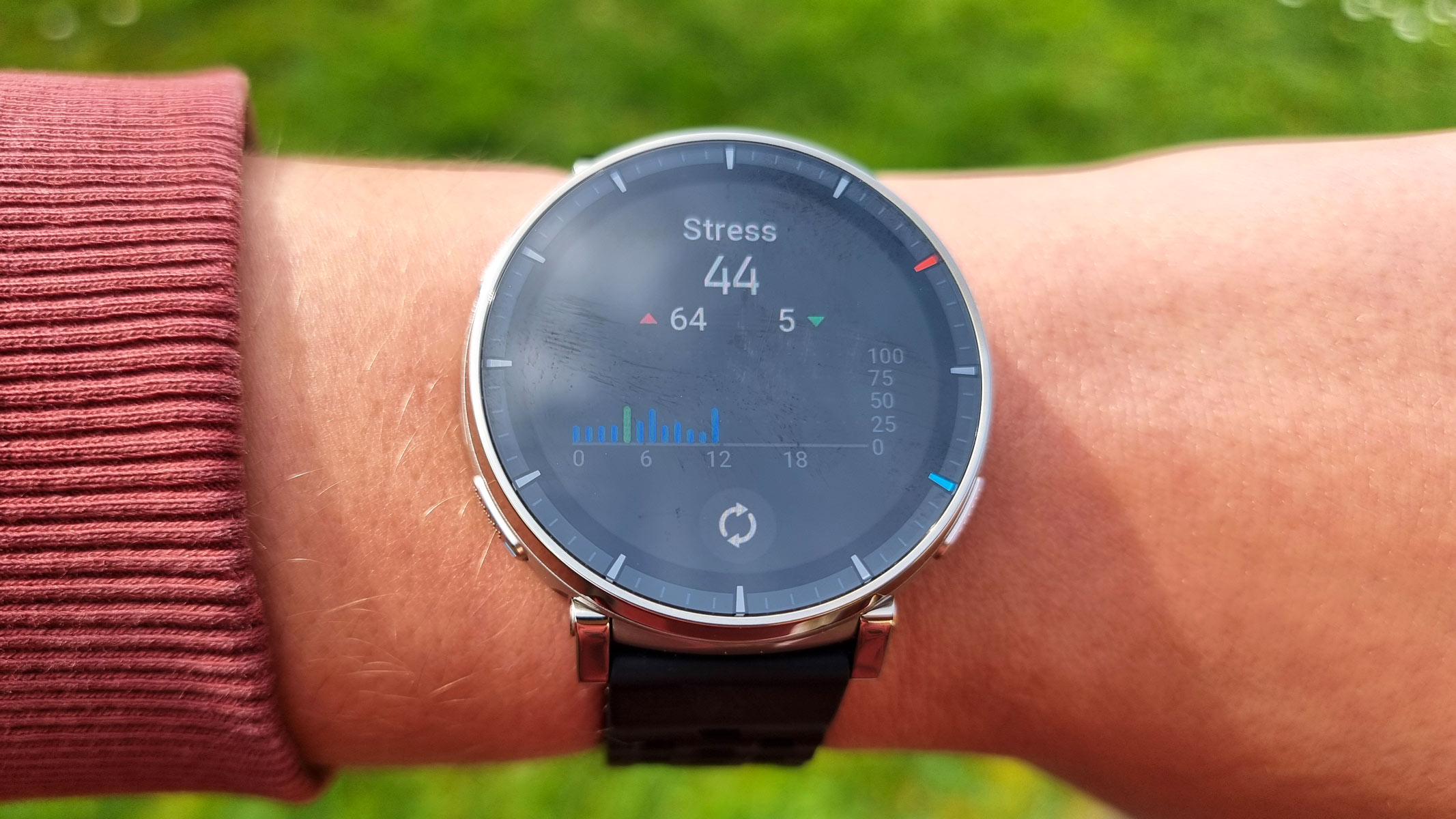 a close-up picture of the Amazfit Active 3 Premium displaying our reviewer's stress stats