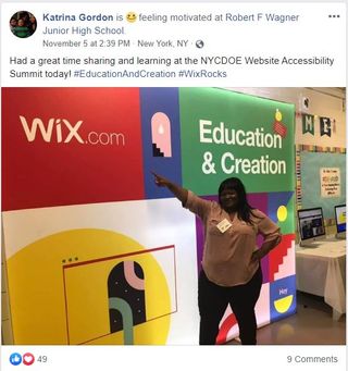 Facebook post with educator pointing to wix.com poster and text: Had a great time sharing and learning at the NYCDOE Website Accessibility Summit today!