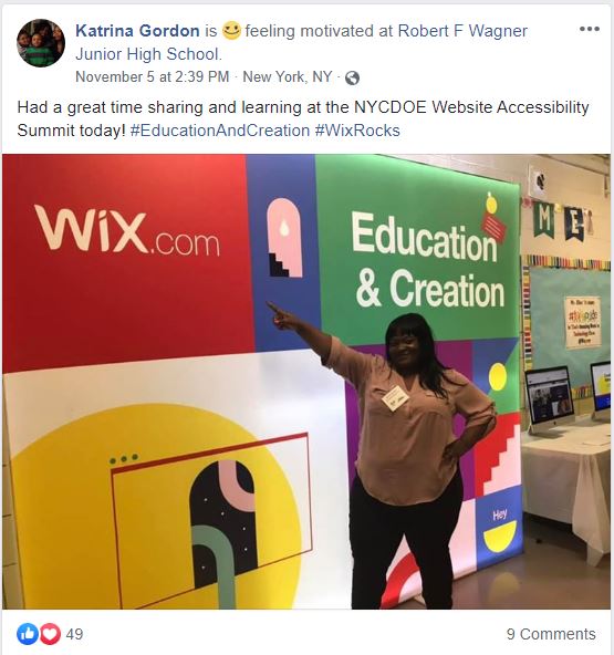 Facebook post with educator pointing to wix.com poster and text: Had a great time sharing and learning at the NYCDOE Website Accessibility Summit today!
