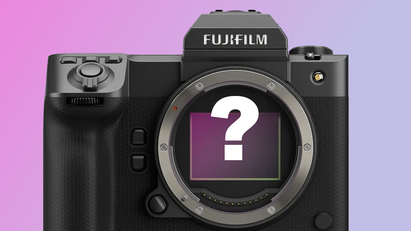 FUJIFILM GFX100 II on a purple gradient with a question mark over the sensor