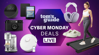 Tom's Guide Cyber Monday deals image showing various products and a model on a treadmill