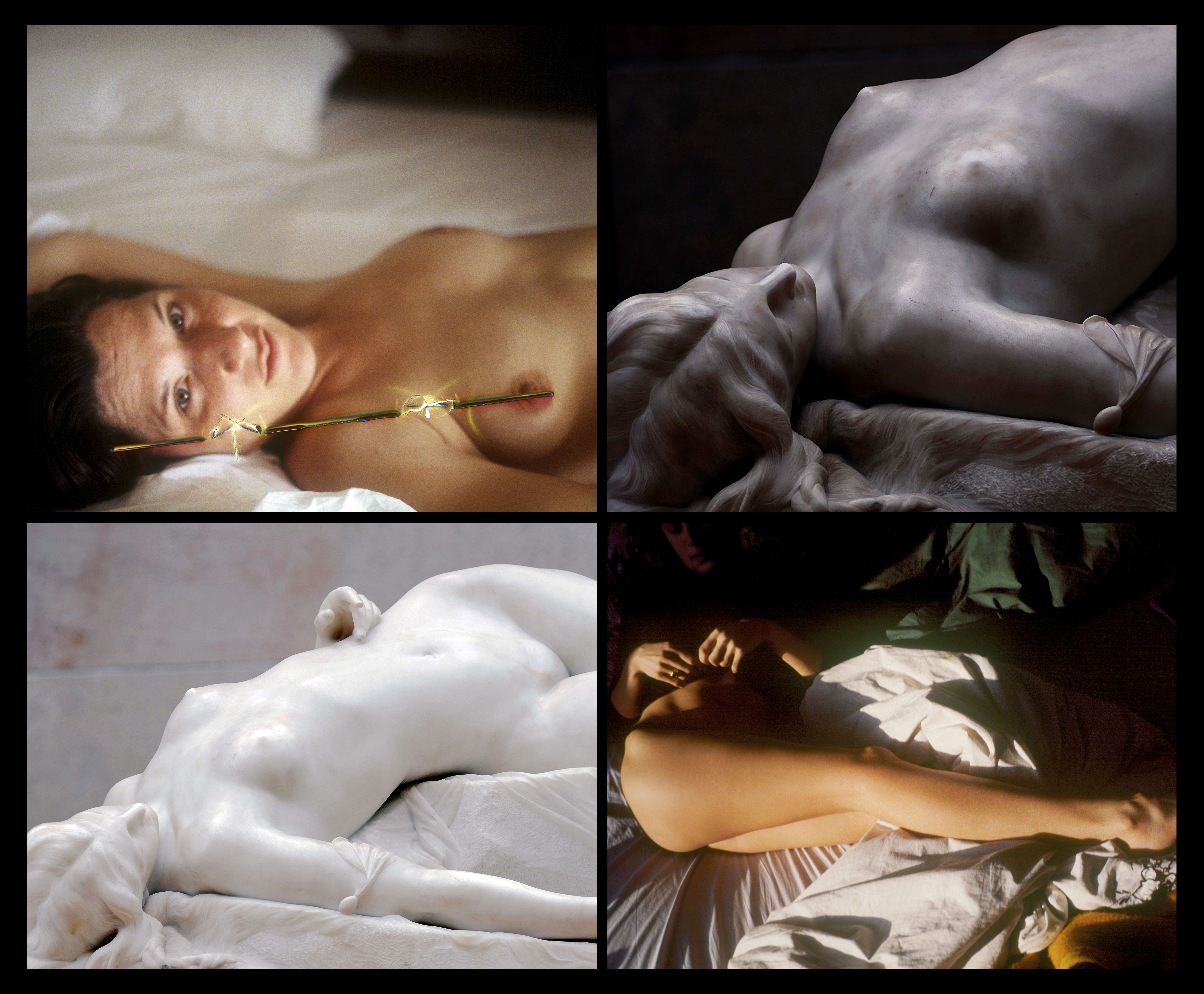 Four images alternating between contemporary photographs of reclining nude figures and classical marble sculptures in similar poses.
