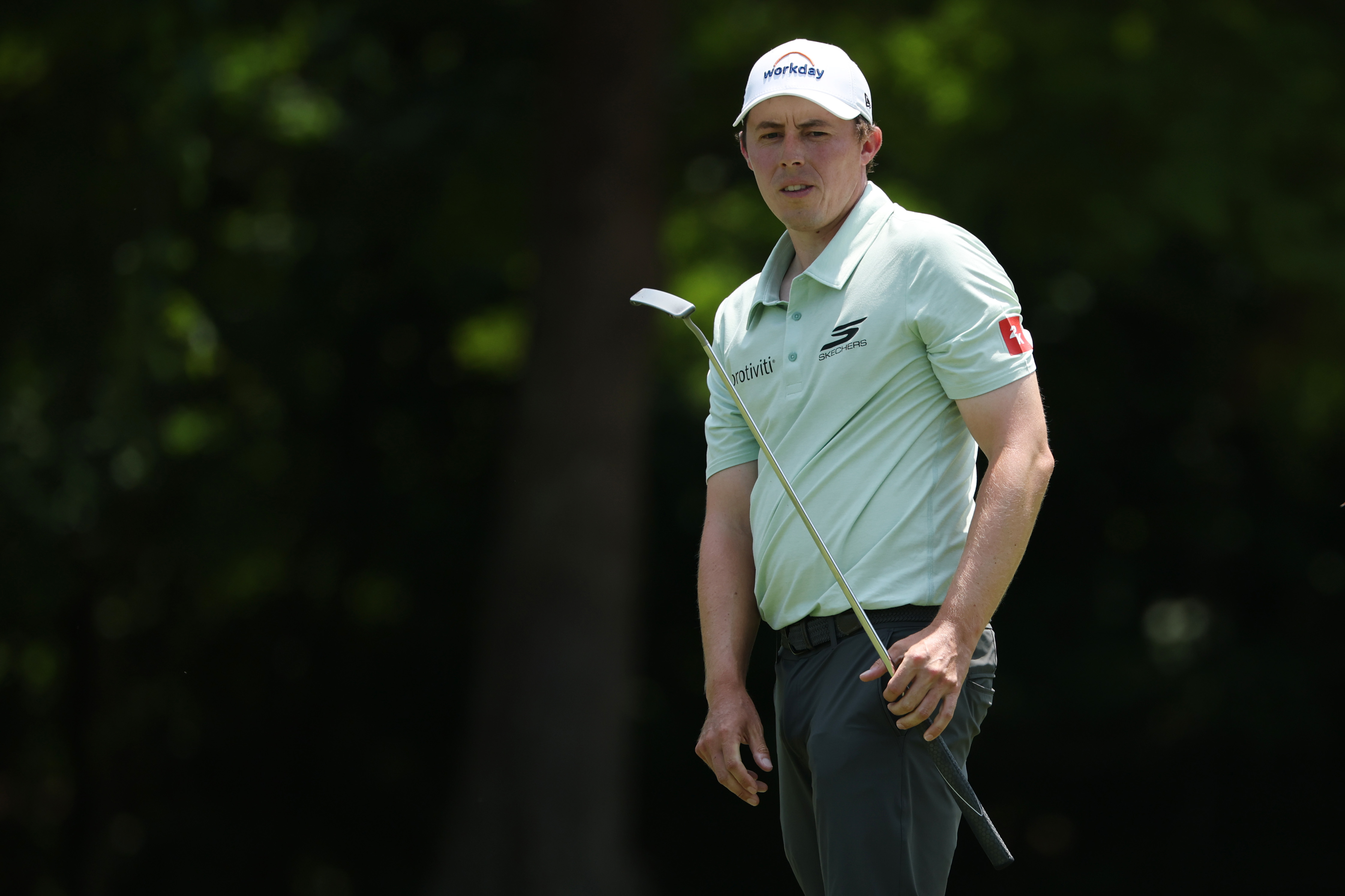 Matt Fitzpatrick reacts after a putt on the fourth green during the final round of the Zurich Classic of New Orleans