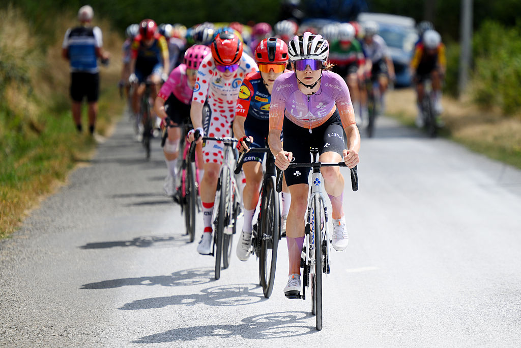 BELLEVILLE-EN-BEAUJOLAIS, FRANCE - AUGUST 05: Maeva Squiban of France and UAE Team ADQ competes during the 5th Tour de France Femmes 2026, Stage 5 a 140km stage from Macon to Belleville-en-Beaujolais / #UCIWWT / on August 05, 2026 in Belleville-en-Beaujolais, France. (Photo by Alex Broadway/Getty Images)