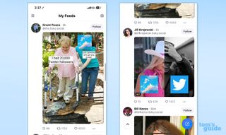 screenshots of the Bluesky app, showing the My Feeds page with memes about twitter users being ancient and Bluesky being the Barbie to Twitter's Oppenheimer