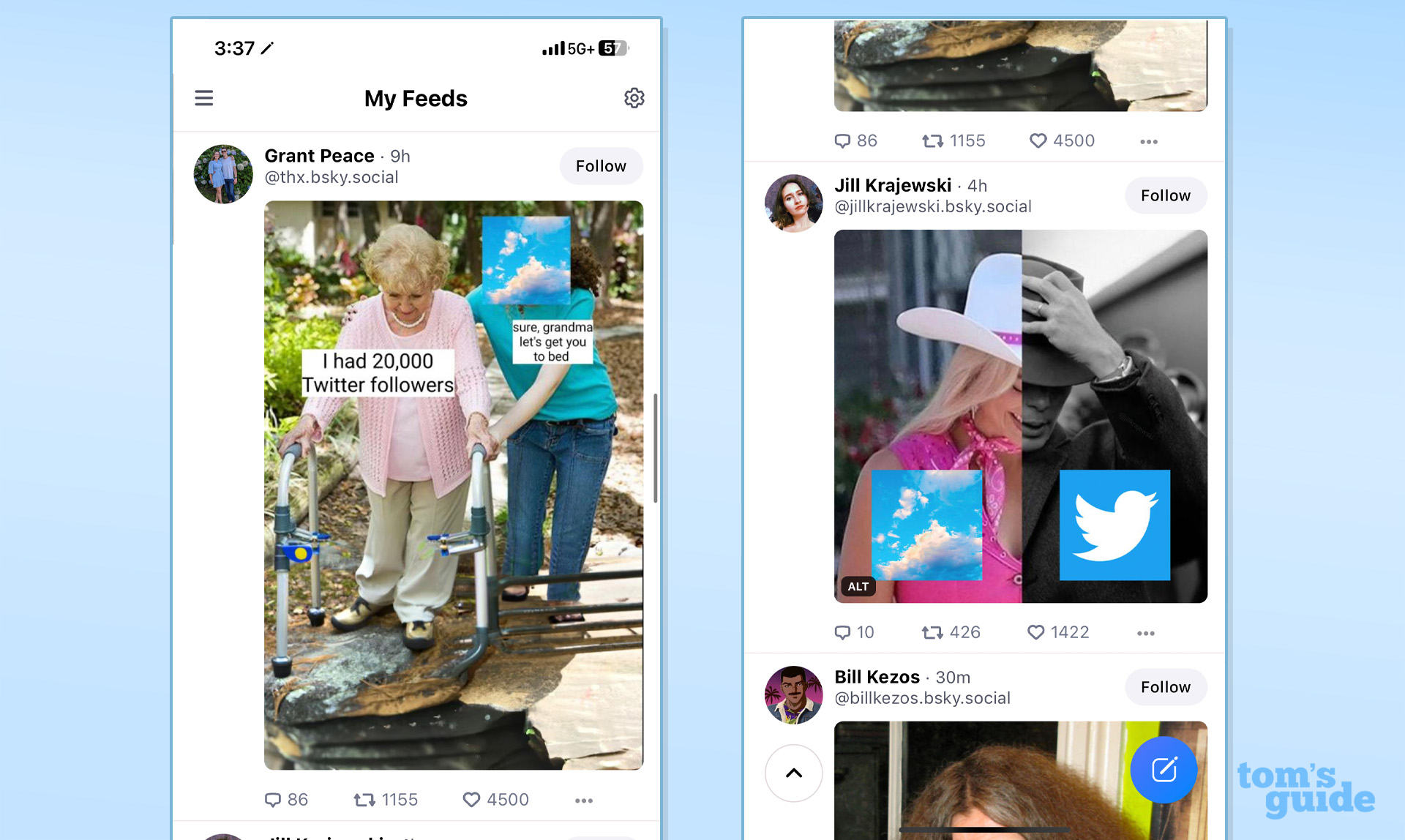 Screenshots der Bluesky-App, die die Seite „Meine Feeds“ mit Memes über alte Twitter-Benutzer und Bluesky als Barbie für Oppenheimer von Twitter zeigen