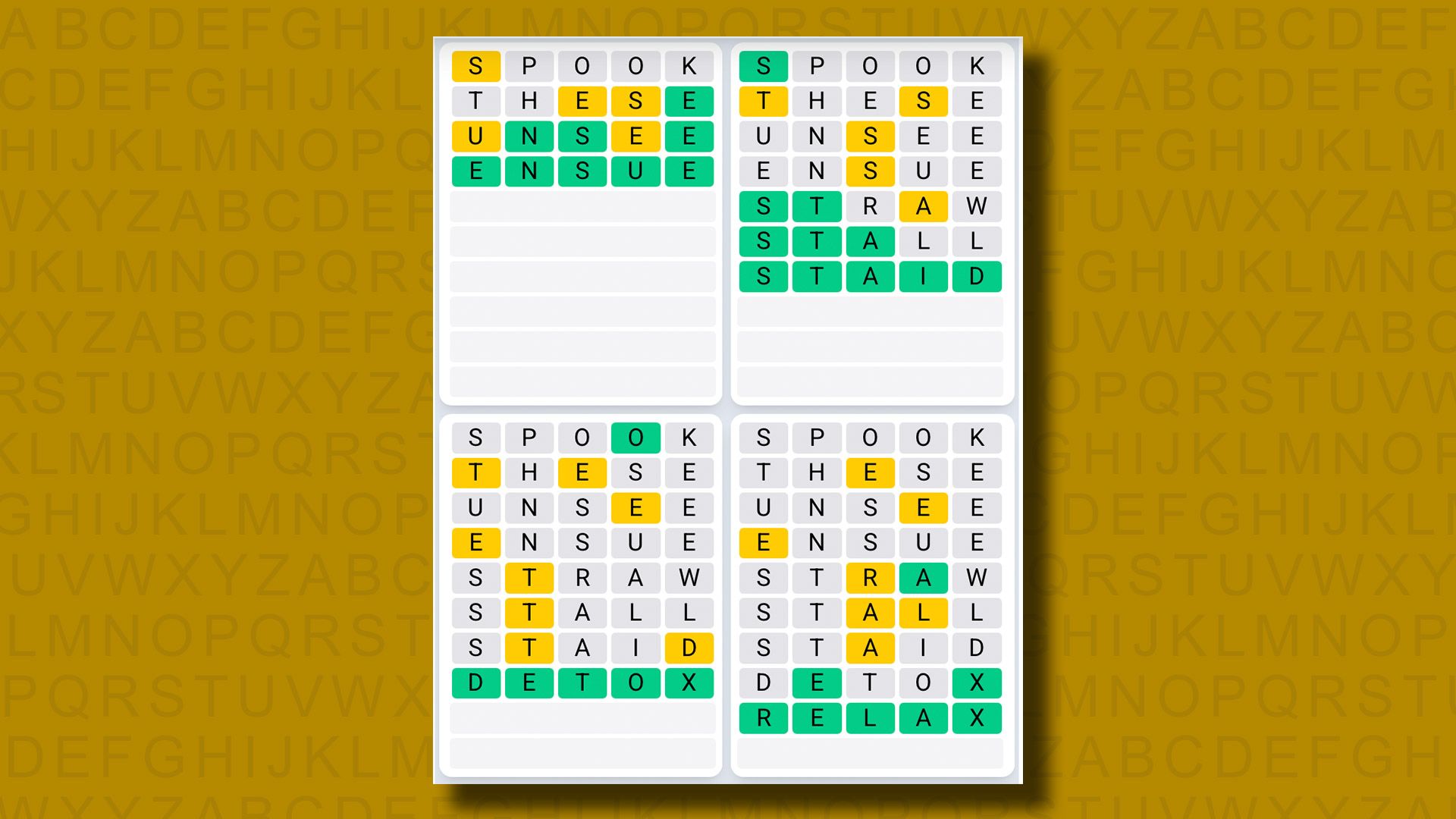 Quordle Daily Sequence answers for game 1098 on a yellow background