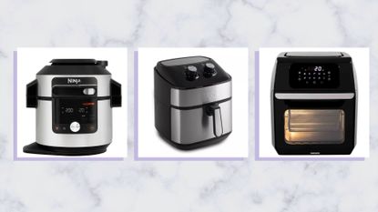 A composite image of three of the best air fryer deals in February 2023, from brands such as Ninja.