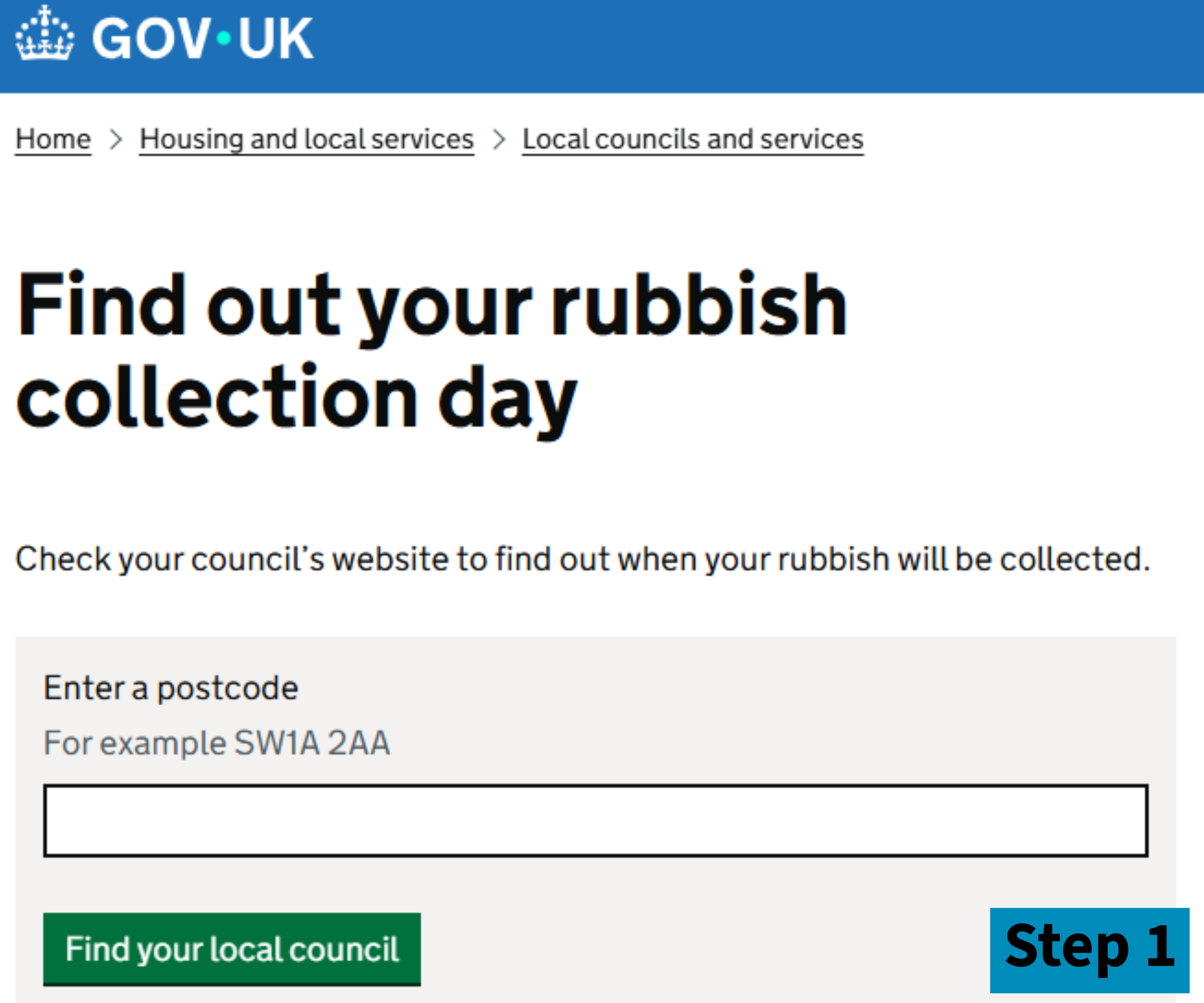 Screenshot of gov website for finding rubbish day