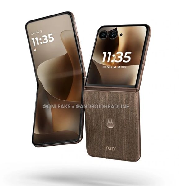 A leaked render of the Moto Razr Ultra 2026 in a darker "Cocoa Wood" finish.