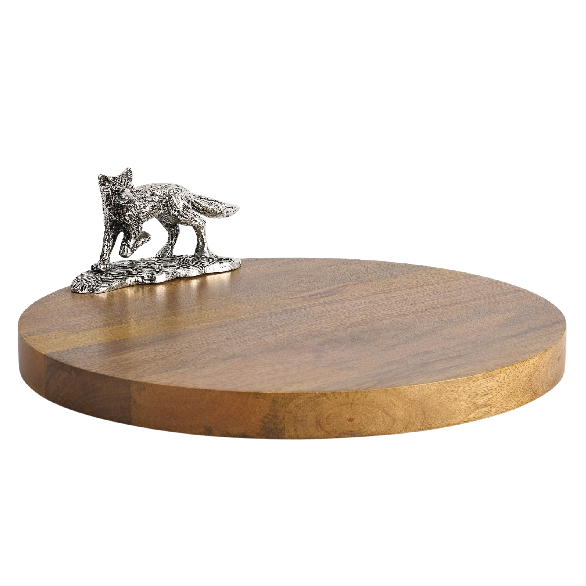 a wooden cutting board with a metal fox design attached on top