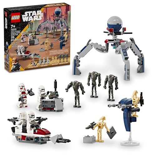 Lego Star Wars Clone Trooper & Battle Droid Battle Pack Set for Kids, Buildable Toy Speeder Bike Vehicle, Tri-Droid and Defensive Post, Collectible, Gift for Boys and Girls Aged 7 and Up, 75372