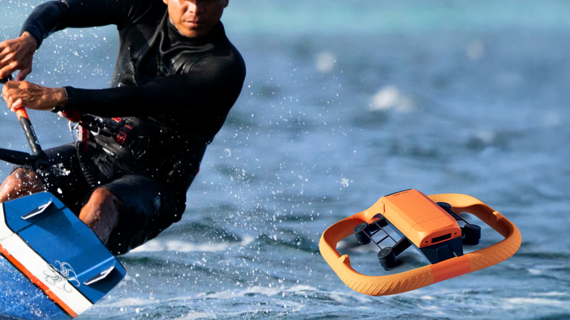 An orange HoverAir Aqua drone