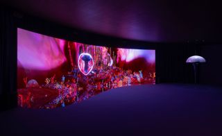 Josèfa Ntjam, ‘swell of spæc(i)es’, 2024 installation on curving screen