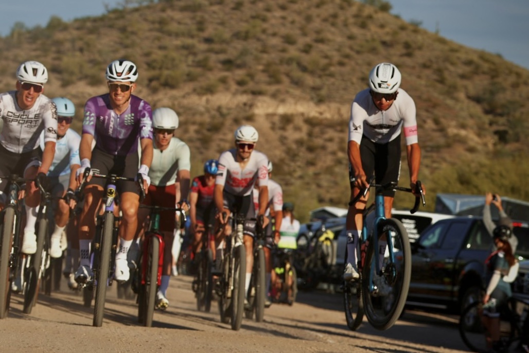 Russell Finsterwald (second from left) rides at the start of 2026 BWR Arizona, later taking the victory in a sprint