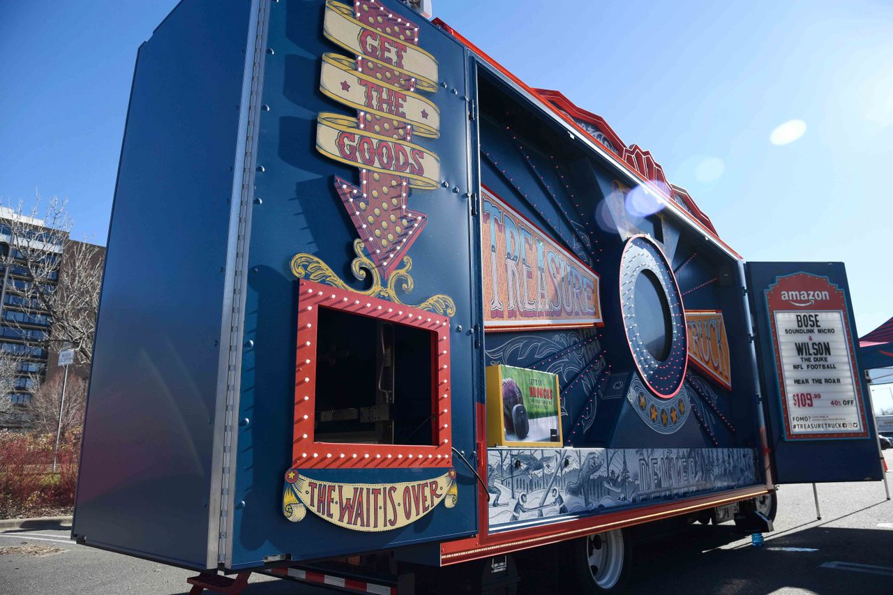 Amazon&#039;s Treasure Truck parked at the Cherry Creek Mall Saturday December 09, 2017 offering online deals of over 40% off on selected goods for that particular day.