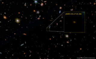 An image from the James Webb Space Telescope highlighting JADES-GS-z7-01-QU, the oldest "dead" galaxy ever observed