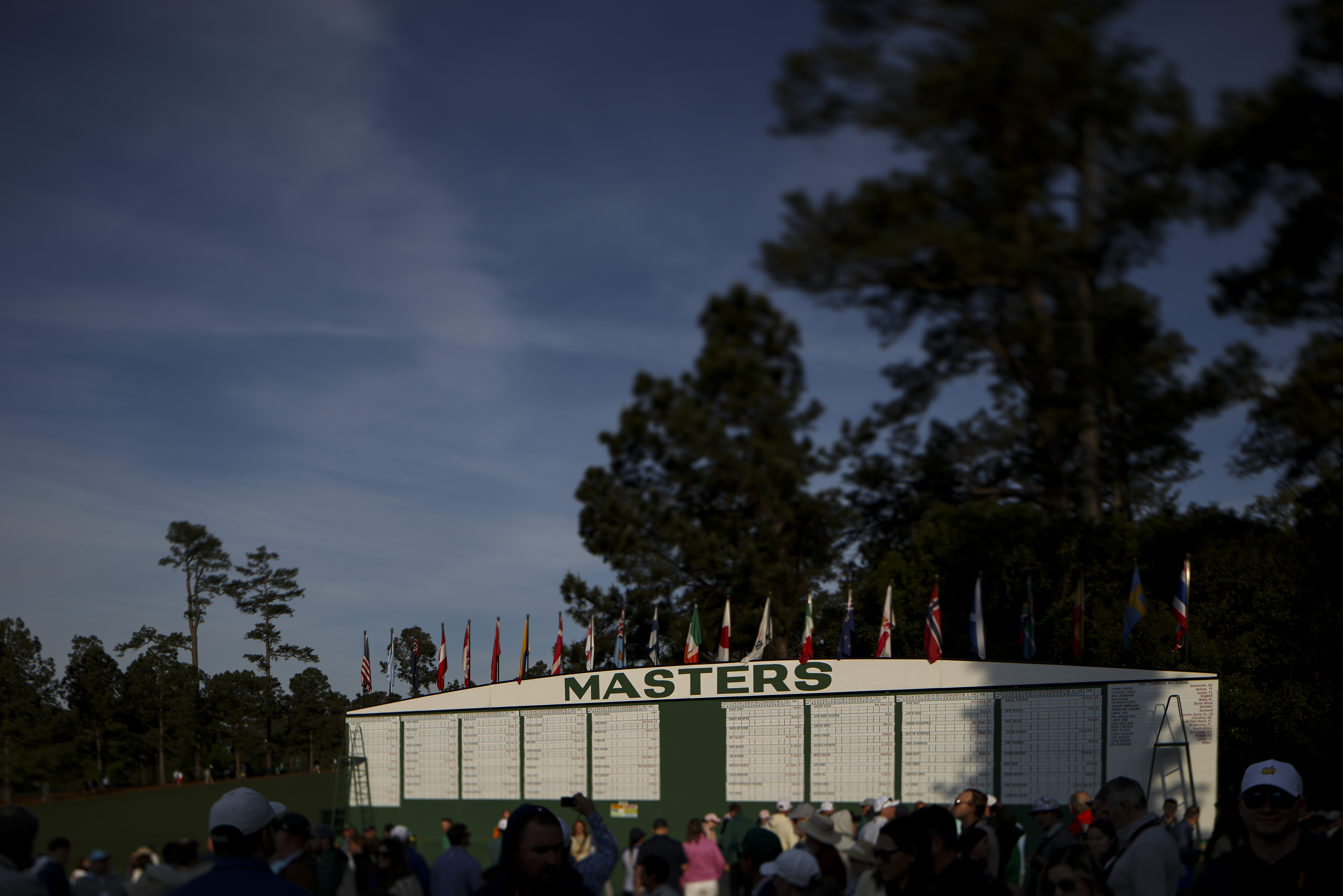 The main scoreboard is seen near the first hole during a practice round prior to the 2026 Masters Tournament at Augusta National Golf Club