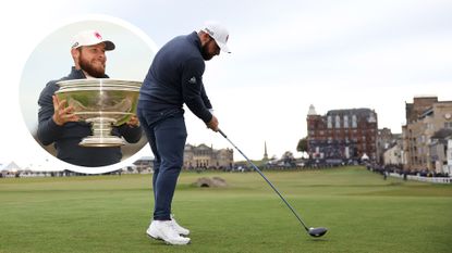 Tyrrell Hatton hitting a tee shot at St. Andrews and an inset image of Hatton holding the Alfred Dunhill Links Championship trophy