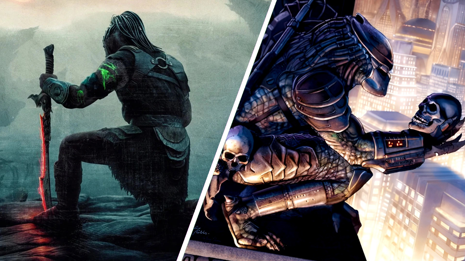Split image showing poster for Predator Badlands, with a Predator kneeling and holding a sword stabbed into the ground (Left), and lead art for Predator: Concrete Jungle showing a Predator holding a skull, looking down on a brightly lit city (right)