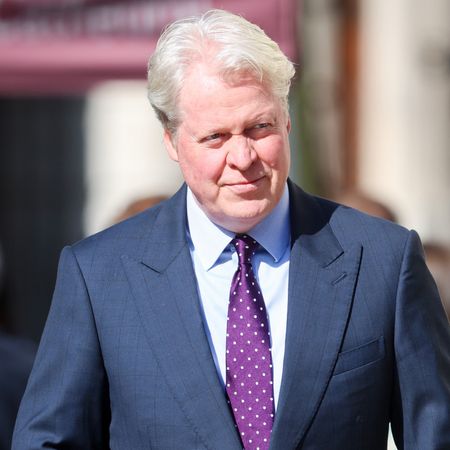 Earl Charles Spencer wears a suit and has gray hair and King Charles waves while wearing a beige suit
