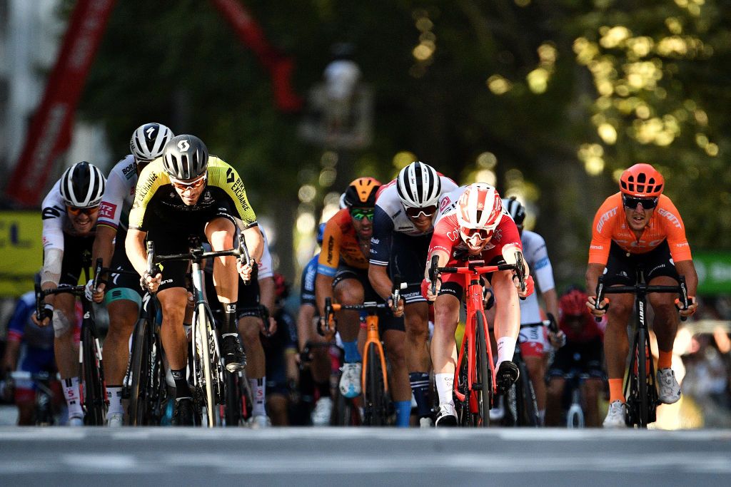 LYON FRANCE SEPTEMBER 12 Arrival Sprint Luka Mezgec of Slovenia and Team Mitchelton Scott Jasper Stuyven of Belgium and Team Trek Segafredo Simone Consonni of Italy and Team Cofidis Solutions Credits Matteo Trentin of Italy and CCC Team during the 107th Tour de France 2020 Stage 14 a 194km stage from ClermontFerrand to Lyon TDF2020 LeTour on September 12 2020 in Lyon France Photo by AnneChristine Poujoulat PoolGetty Images