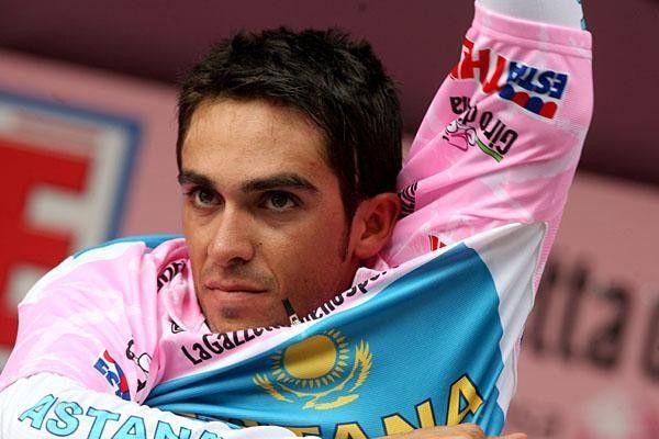 Alberto Contador with an intense look as he dons the pink jersey.