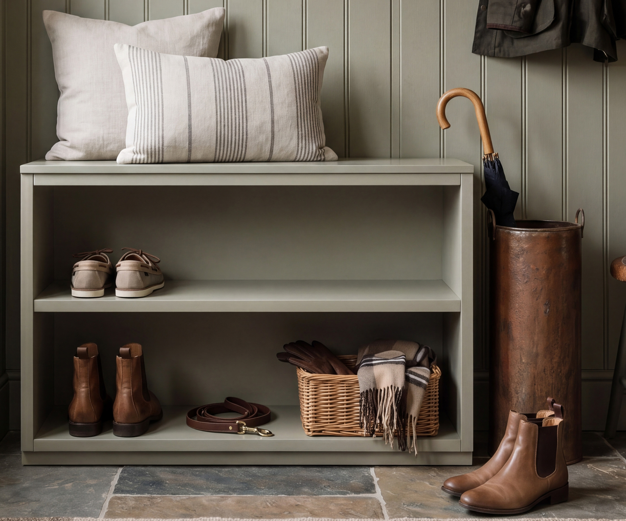 Sage shoe cabinet with shoes and a basket inside