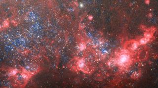 Clouds of red dust swirl around bright dots over a dark background