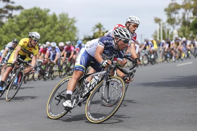 Caleb Ewan corners during the Portarlington Criterium.