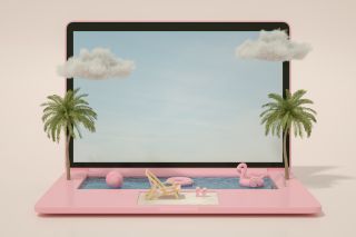 Laptop computer illustration rendered as pool with palm trees, pink patio and blue sky showing in monitor.