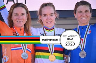 The elite women’s road race podium in Imola, with Anna van der Breggen winning the rainbow jersey ahead of Dutch teammate Annemiek van Vleuten (left) and Italy’s Elisa Longo Borghini