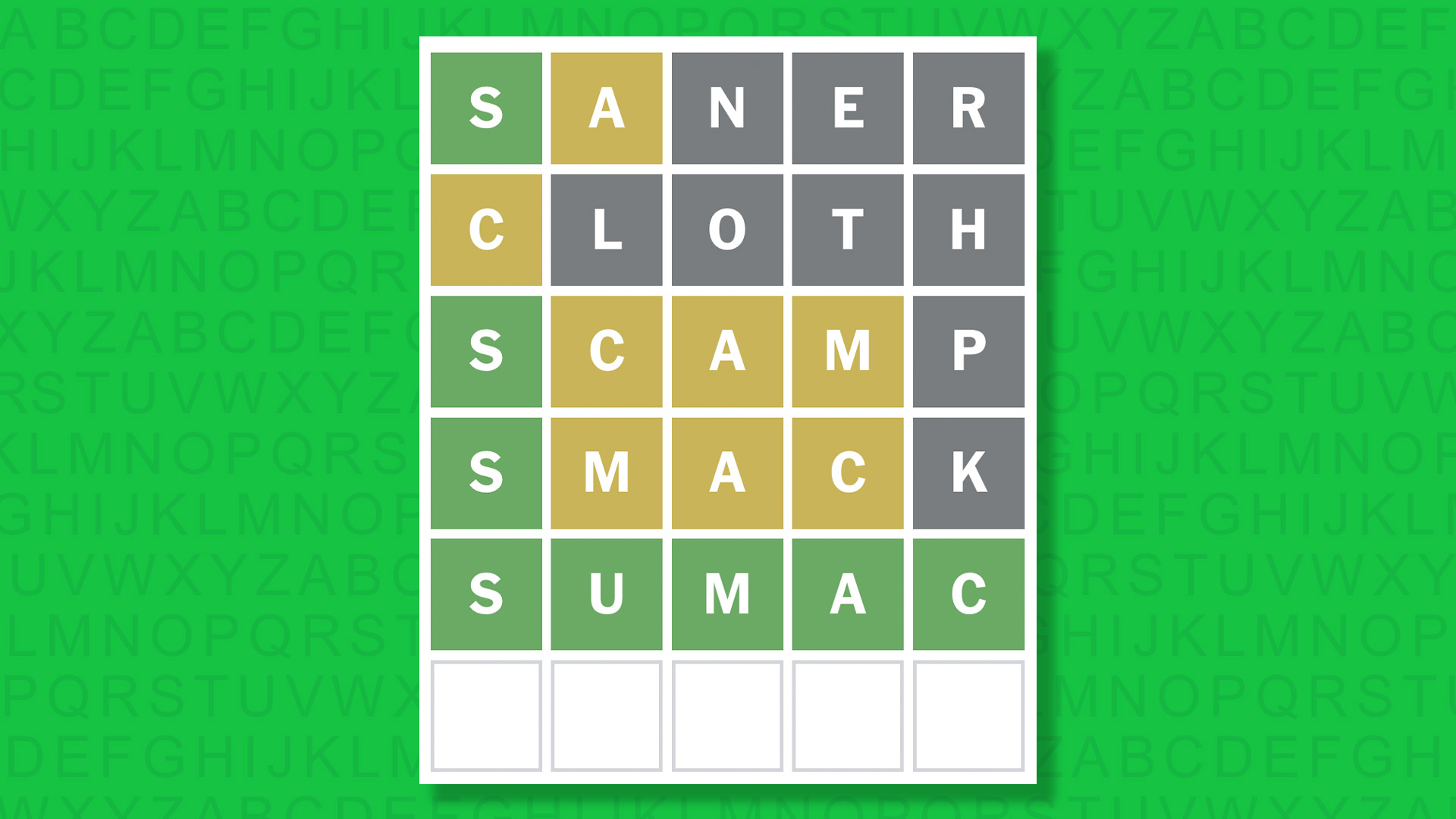 NYT Wordle answer for game 1674 on a green background