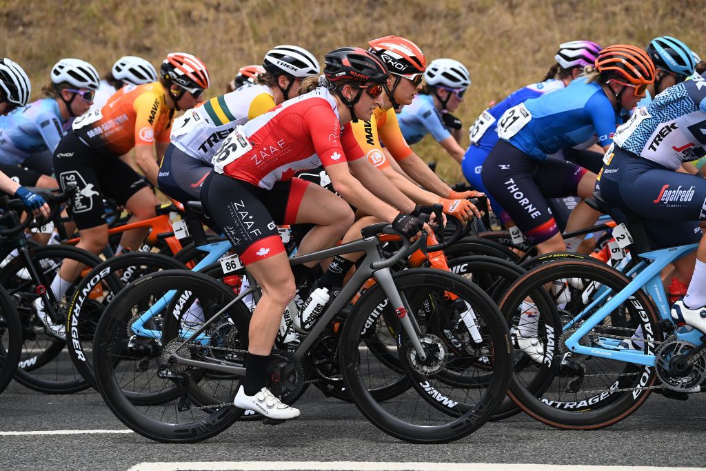 GEELONG AUSTRALIA JANUARY 28 LR Maggie ColesLyster of Canada and Zaaf Cycling Team competes during the 7th Cadel Evans Great Ocean Road Race 2023 Womens Elite a 1408km one day race from Geelong to Geelong CadelRoadRace UCIWWT on January 28 2023 in Geelong Australia Photo by Tim de WaeleGetty Images