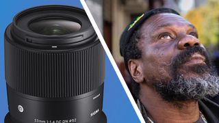 A Sigma 23mm RF lens next to a photo of a man looking skywards