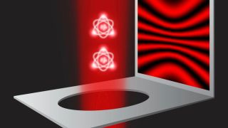 An illustration of two atoms in a beam of red light floating through a hole in a metal surface while a diffraction pattern of red and black light is next to them