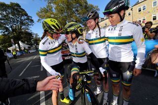 HARROGATE ENGLAND SEPTEMBER 28 Arrival Amanda Spratt of Australia Celebration Jessica Allen of Australia Lauren Kitchen of Australia Tiffany Cromwell of Australia during the 92nd UCI Road World Championships 2019 Women Elite Road Race a 1494km race from Bradford to Harrogate 125m Yorkshire2019 Yorkshire2019 on September 28 2019 in Harrogate England Photo by Tim de WaeleGetty Images