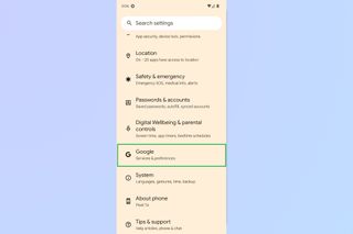 A screenshot of an Android settings menu with Google highlighted by a green square