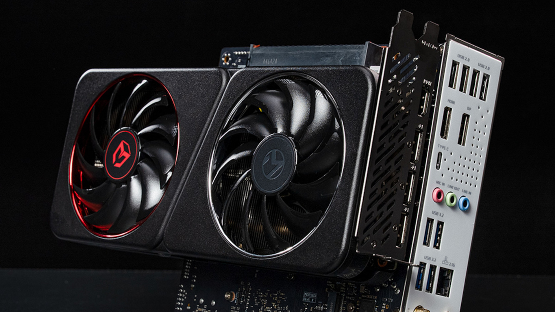 A promotional image of the Maxsun MS Terminator B760BKB D5 motherboard, showing how a graphics card installs in the rear-mounted PCIe slot.
