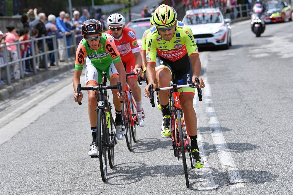 The breakaway during stage 12 of the Giro d'Italia 2018 - Manuel Senni of Italy and Team Bardiani CSF / Zhupa of Albania and Team Wilier Triestina-Selle Italia / Francesco Gavazzi of Italy and Team Androni Giocattoli-Sidermec / Marco Frapporti of Italy and Team Androni Giocattoli-Sidermec / Jacopo Mosca of Italy and Team Wilier Triestina-Selle Italia