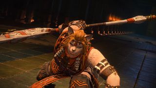 Final Fantasy 14 Dawntrail screenshot showing a female Hrothgar with pale orange fur wielding a large weapon and charging forward