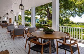 Terrace overlooking garden of Rob Lowe's mansion