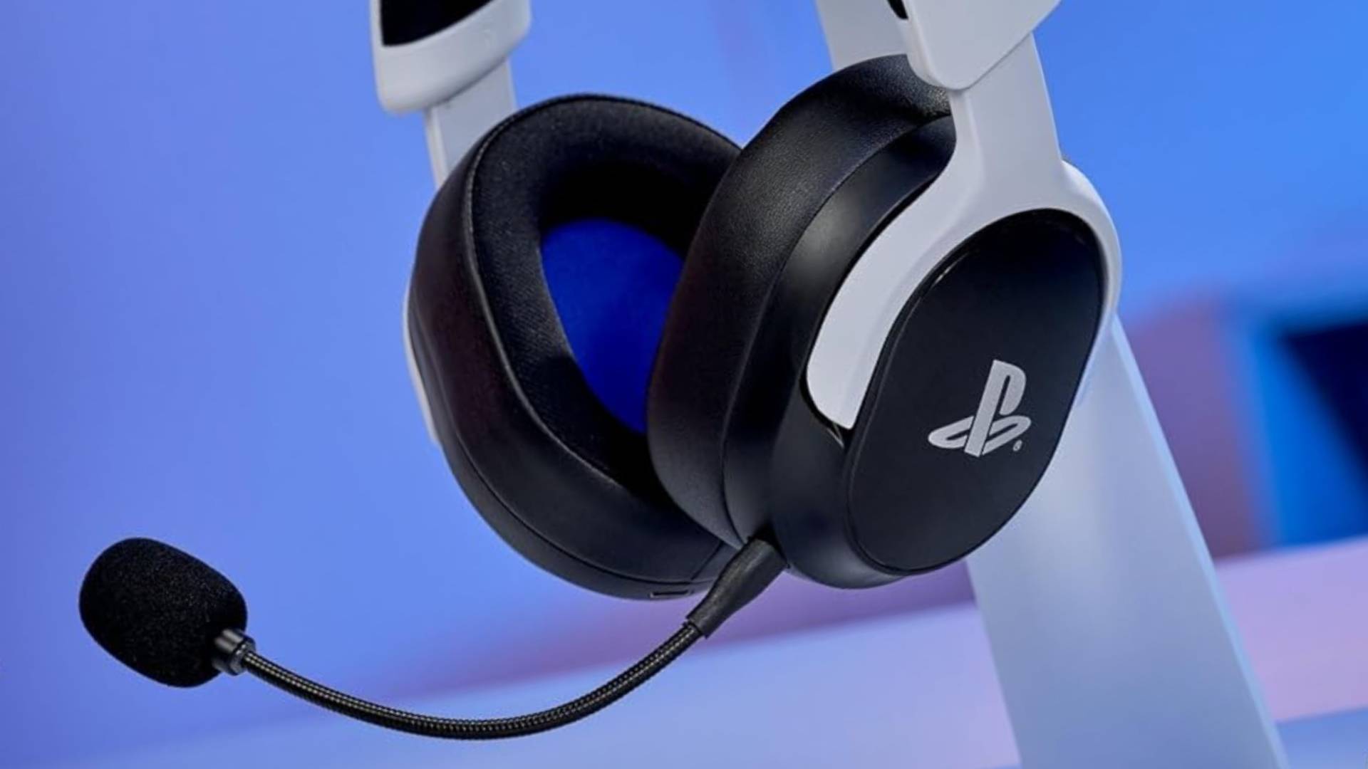 Close up of the ear cups of the GX Trust Forta Wireless PS5 gaming headset.