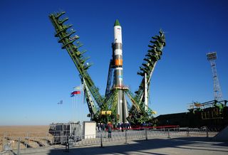 A Russian Soyuz rocket carrying the Progress 68 cargo ship is readied to launch from Site 31 at Baikonur Cosmodrome, Kazakhstan. Liftoff is scheduled for Oct. 14, 2017 after a two-day delay.