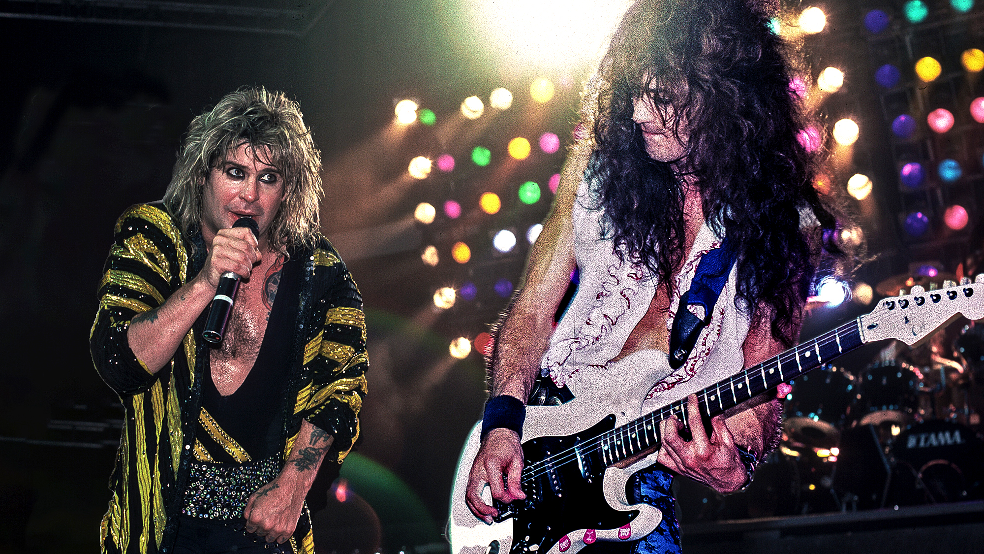 British musician Ozzy Osbourne and American guitarist Jake E. Lee perform at the Poplar Creek Music Theater in Hoffman Estates, Chicago, Illinois, July 13, 1986.