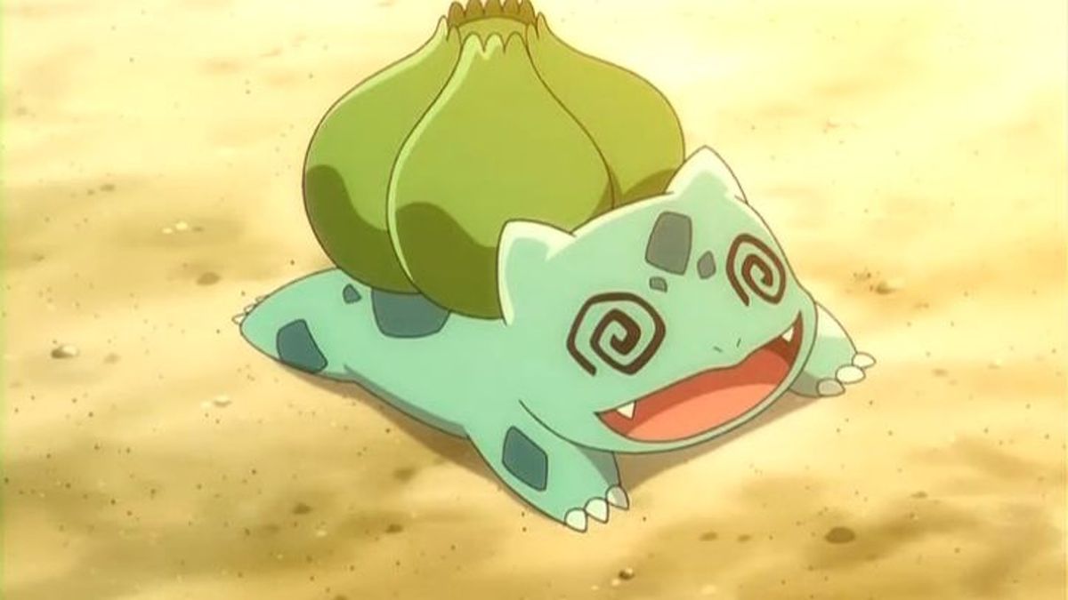 The Pokemon Bulbasaur faints after a battle